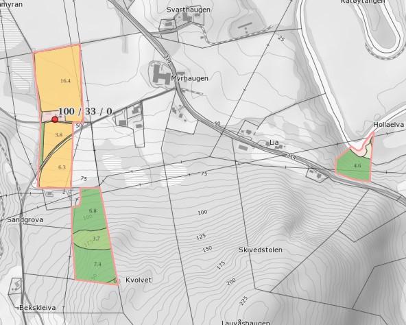 Gårdskart med arealoversikt over bruket. Bruket har 26,5 daa fulldyrka jord, 0,4 daa innmarksbeite, 24 daa produktiv skog og 3 daa uproduktiv mark.