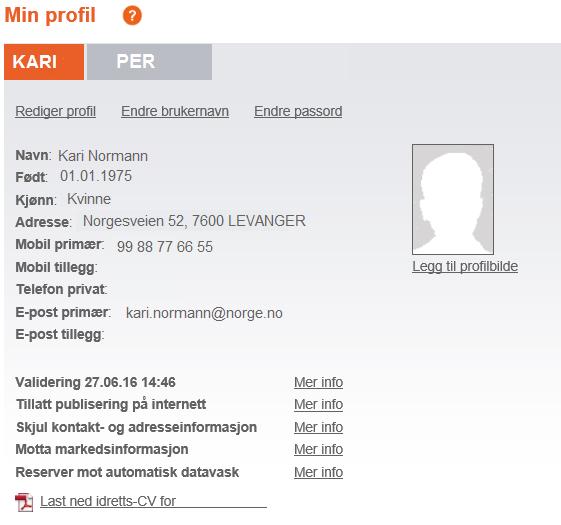 Høyre side av skjermbildet viser nå «Min profil» - dersom der er behov for endringer i profilen, brukernavn eller passord, gjøres det ved å klikke på disse.