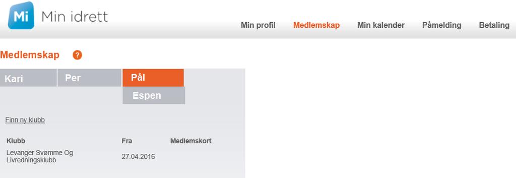 Når du har fått lagt til alle barn og opplysninger, kan du enkelt sjekke medlemskap, betalingskrav/historikk m.m. til alle tilknyttede familiemedlemmer via toppmenyen.