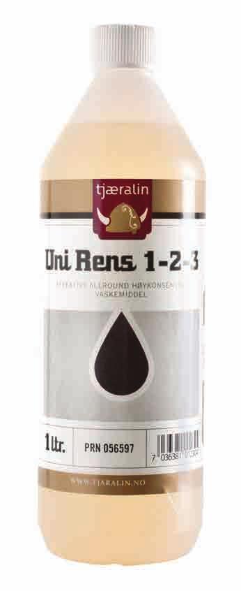Uni Rens 1-2-3 er svært kraftig, så vær oppmerksom på at såperester skylles grundig vekk etter påføring. Kommer i 5-liters kanner og i 1-liters flasker.