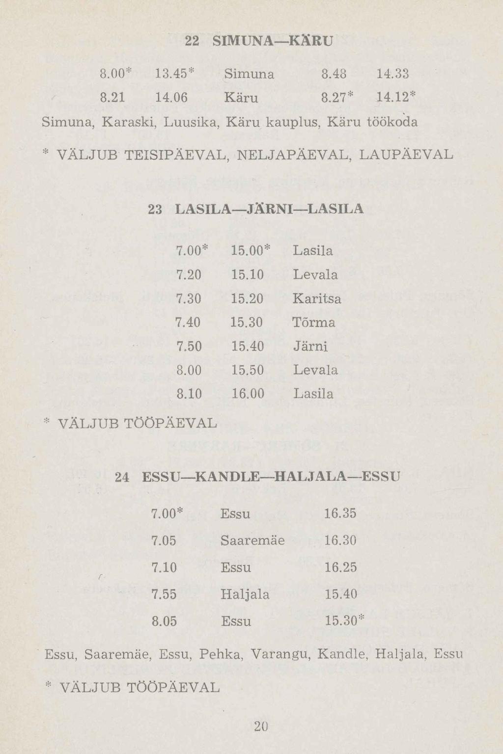 22 SIMUNA KÄRU 8.00* 13.45* Simuna 8.48 14.33 8.21 14.06 Käru 8.27* 14.12* Simuna, Karaski, Luusika, Käru kauplus, Käru töökoda * VÄLJUB TEISIPÄEVAL, NELJAPÄEVAL, LAUPÄEVAL 23 LASILA JÄRNI LASILA 7.