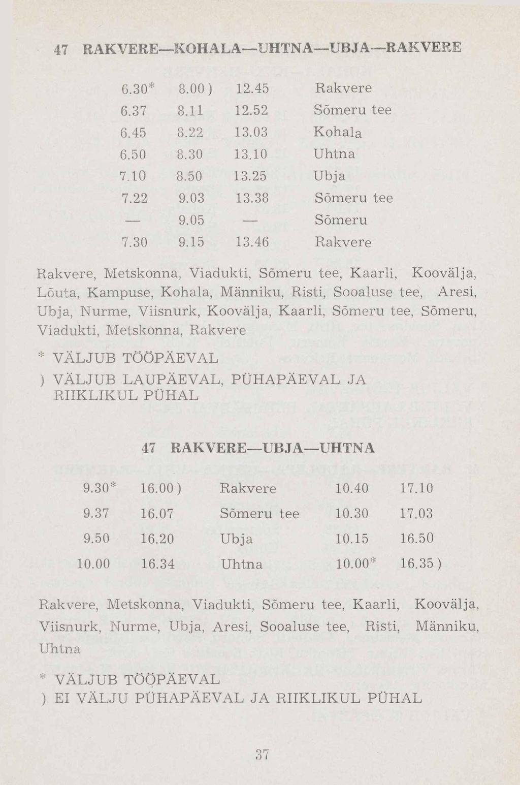 6.30* 8.00) 12.45 Rakvere 6.37 8.11 12.52 Sõmeru tee 6.45 8.22 13.03 Kohala 6.50 8.30 13.10 Uhtna 7.10 8.50 13.25 Ubja 7.22 9.03 13.38 Sõmeru tee 9.05 Sõmeru 7.30 9.15 13.