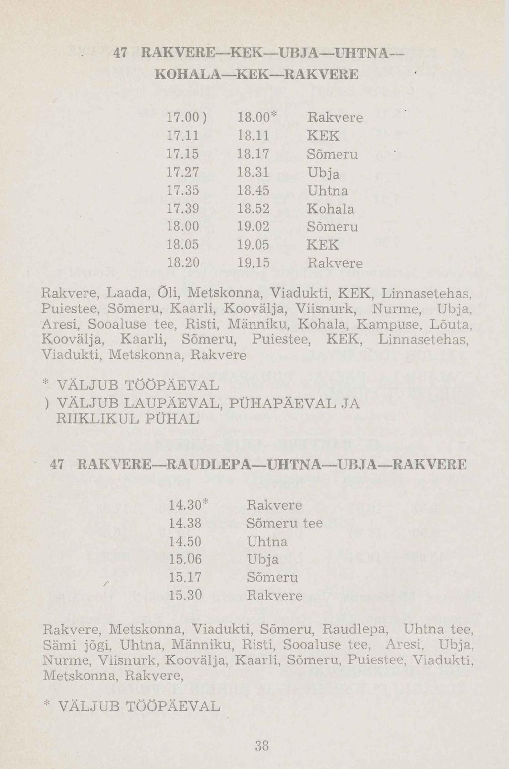 47 RAKVERE KEK UBJA UHTNA KOHALA KEK RAKVERE 17.00) 18.00* Rakvere 17.11 18.11 KEK 17.15 18.17 Sõmeru 17.27 18.31 Ubja 17.35 18.45 Uhtna 17.39 18.52 Kohala 18.00 19.02 Sõmeru 18.05 19.05 KEK 18.20 19.