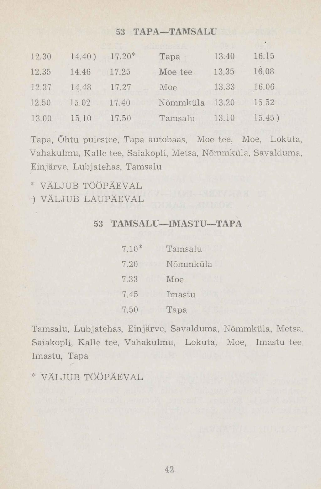 53 TAPA TAMSALU 12.30 14.40) 17.20* Tapa 13.40 16.15 12.35 14.46 17.25 Moe tee 13.35 16.08 12.37 14.48 17.27 Moe 13.33 16.06 12.50 15.02 17.40 Nõmmküla 13.20 15.52 13.00 15.10 17.50 Tamsalu 13.10 15.