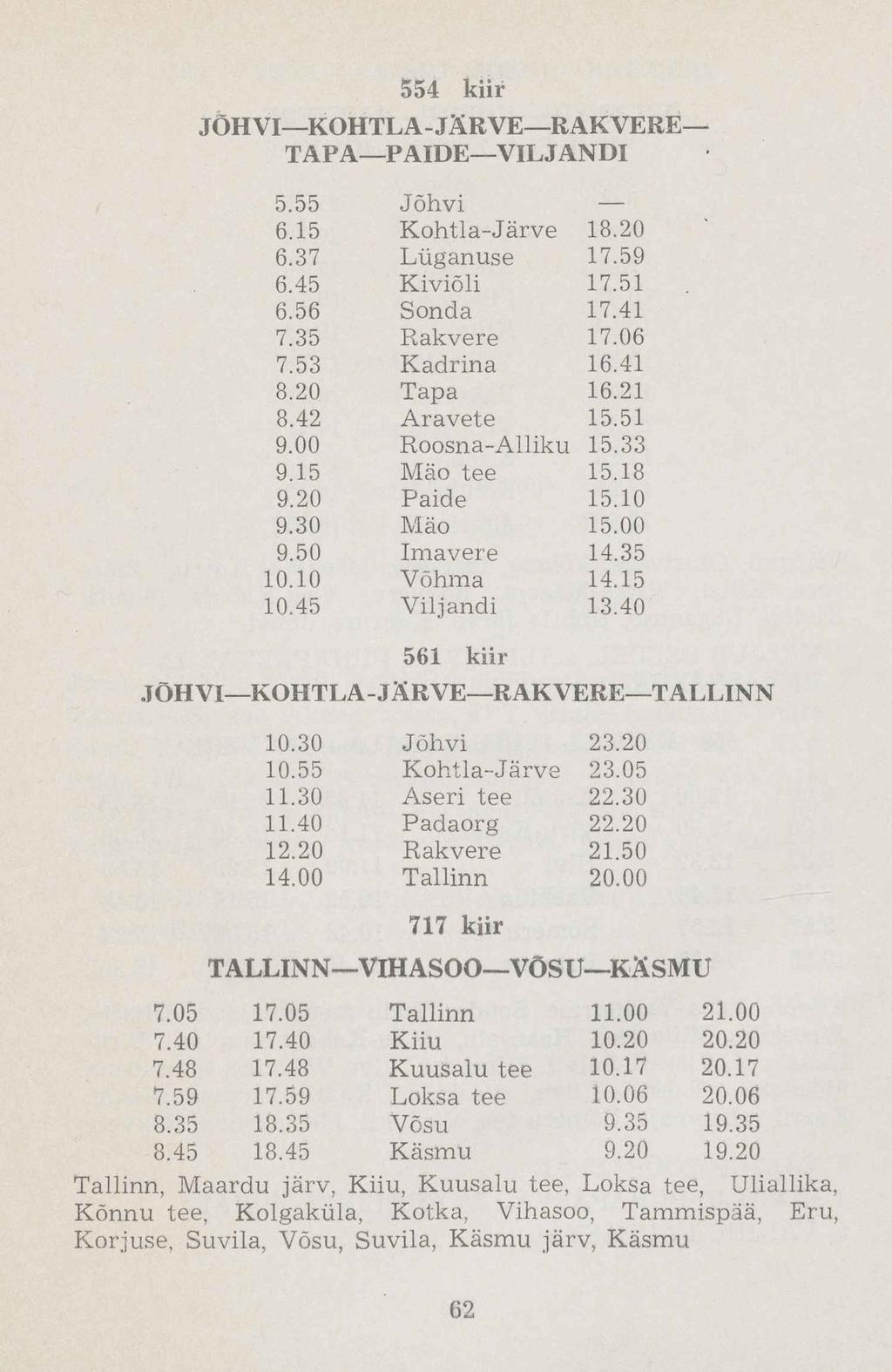 554 kiir JÕHVI KOHTLA-JÄRVE RAKVERE TAPA PAIDE VILJANDI 5.55 Jõhvi 6.15 Kohtla-Järve 18.20 6.37 Lüganuse 17.59 6.45 Kiviõli 17.51 6.56 Sonda 17.41 7.35 Rakvere 17.06 7.53 Kadrina 16.41 8.20 Tapa 16.