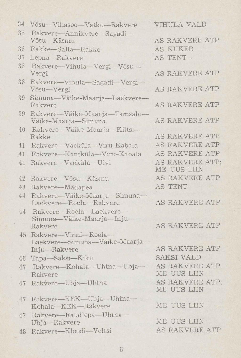 34 Võsu Vihasoo Vatku Rakvere 35 Rakvere Annikvere Sagadi Võsu Käsmu 36 Rakke Salla Rakke 37 Lepna Rakvere 38 Rakvere Vihula Vergi Võsu Vergi 38 Rakvere Vihula Sagadi Vergi Võsu Vergi 39 Simuna