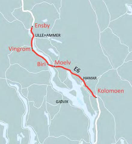E6 Mjøsregionen 2 utbyggingsetapper Parsell Leng de Planstatus ÅDT (2014) Antall tunnel er Antall bruer Antall toplans -kryss Moelv Ensby 37 km KDP - 25 km Regpl.
