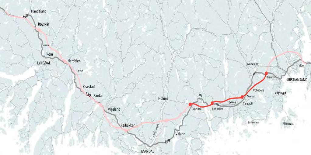 E39 Kristiansand vest-lyngdal vest (70 km) Utarbeidelse av kontraktstrategi i løpet av våren 2017.