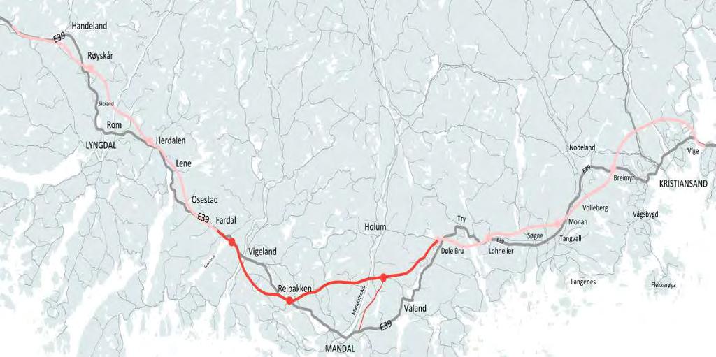kvartal 2017 ferdig regulert strekning (19 km) 6,7 km tunnel 7 doble bruer, hvorav FFB-bru 520m Anleggsstart