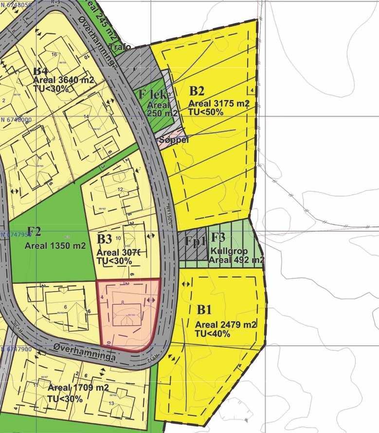 fig 1: Utsnitt av gjeldende reguleringsplan for Øverhamninga PLANLAGT BEBYGGELSE 5 stk tomannsboliger ønskes etablert innen planområdet, mao 10 boenheter.