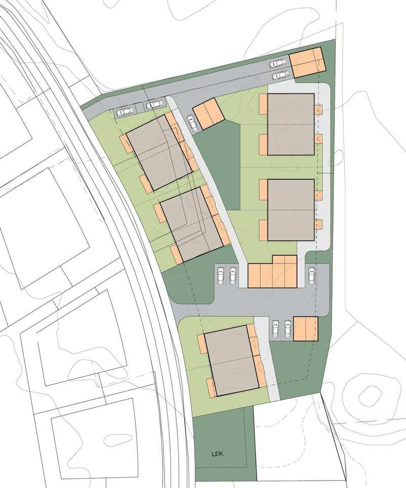 fig 2: Forslag til illustrasjonsplan ILLUSTRASJONSPLAN Vedlagte illustrasjonsplan er orienterende for bebyggelsen og muligheter for fellesarealer innen planområdet.