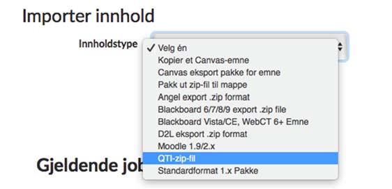 Import og bruk i Canvas Vi skal nå se på hvordan man importerer de eksporterte spørsmålene til Canvas og hva man må gjøre for å ta de i bruk.