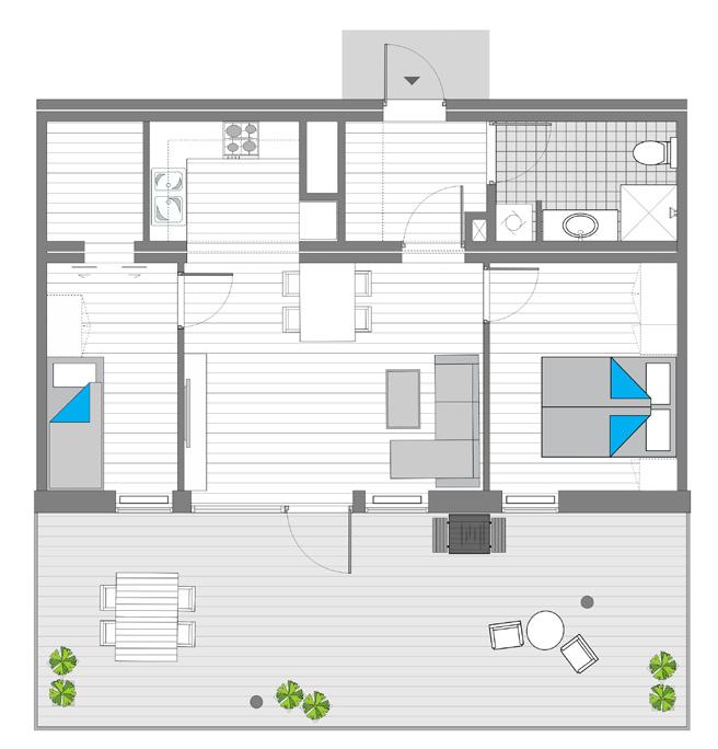 leilighet Type 2B BRA: 60 m 2 / P-ROM: 57 m 2 / BALKOG: 36 m 2 Kjøkken leveres med takhøye overskap. isje for vaskemaskin/ tørketrommel.