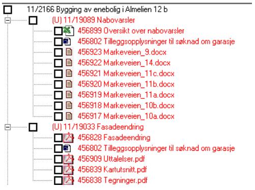 I bildet nedenfor ser du at et saksdokument vises flere ganger, for eksempel 456802. Dette er fordi dette saksdokumentet er hentet inn på journalpost 11/19089 og journalpost 11/19033.