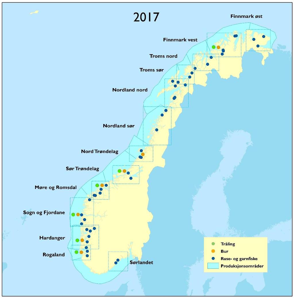 Figur 1. Områder langs Norskekysten som er undersøkt med ruse, garn, postsmoltråling og vaktbur i 2017. Posisjonene i dette kartet er veiledende.