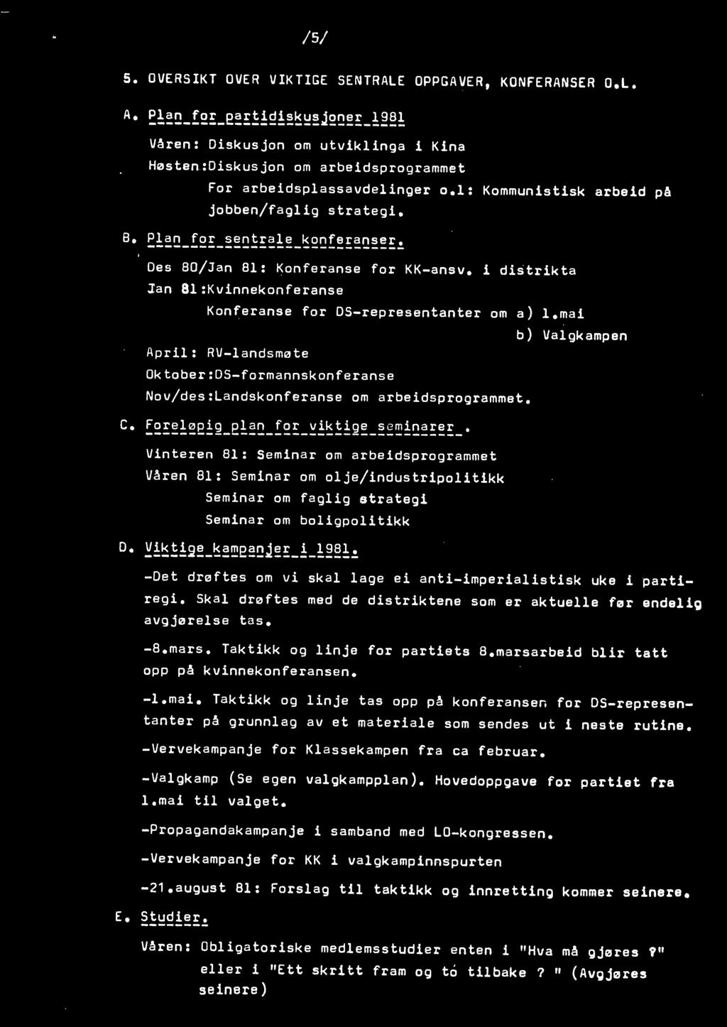 i distrikta lan 8l:Kvinnekonferanse Konferanse for DS-representanter om a) l.mai b) Valgkampen April: RV-landsmøte Oktober:DS-formannskonferanse Nov/des:Landskonferanse om arbeidsprogrammet. c.