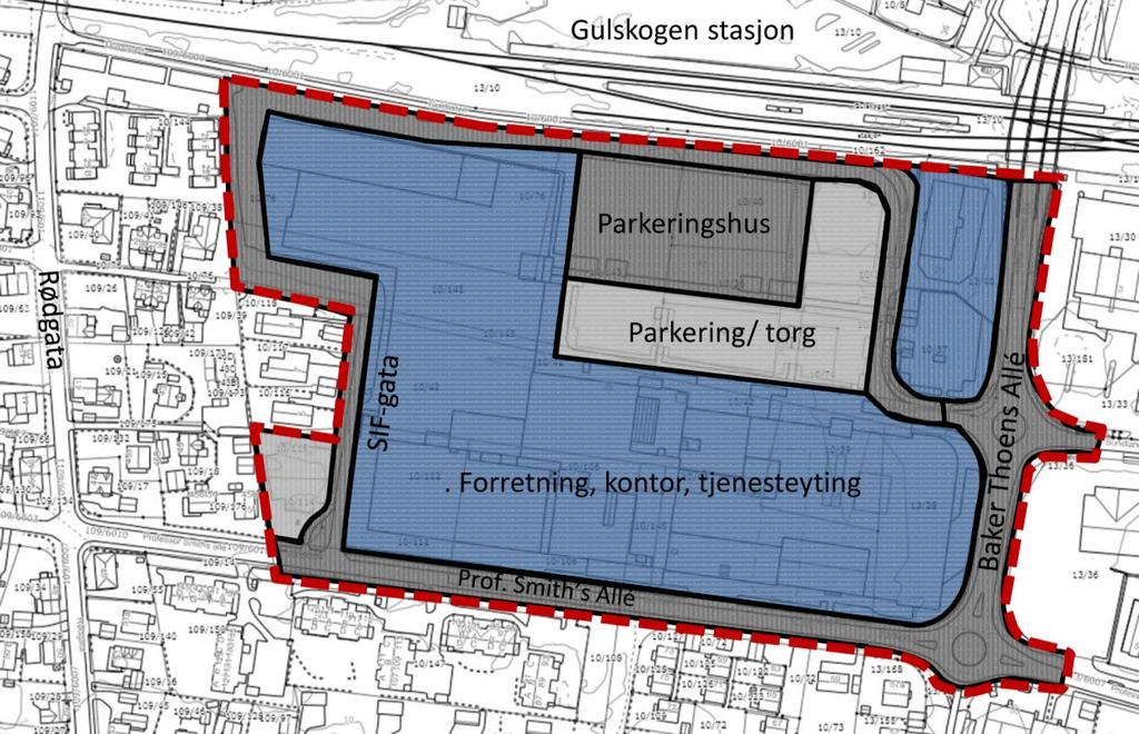 Figur 1 Prinsipper for løsning Innen planområdet har dagens bebyggelse til sammen ca. 50.630 m 2 BRA forretninger (inkl. servering). I nytt planforslag foreslås forretningsarealet satt til maks. 51.