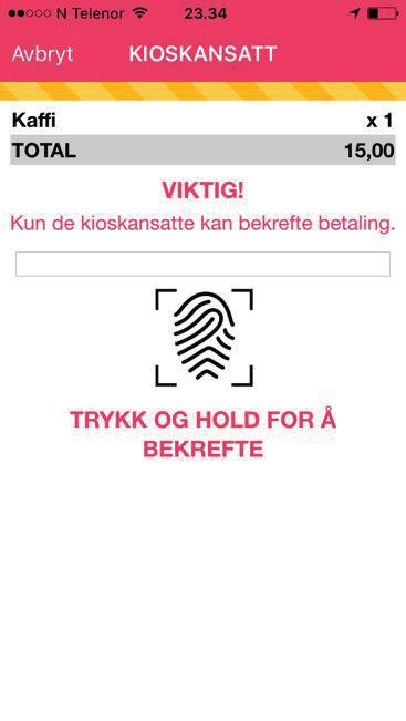 Brukerguide - 13 I neste steg skal transaksjonen gjennomføres. Når dette betalingsvinduet kommer opp er det viktig at kioskansatte verifiserer kjøpet.