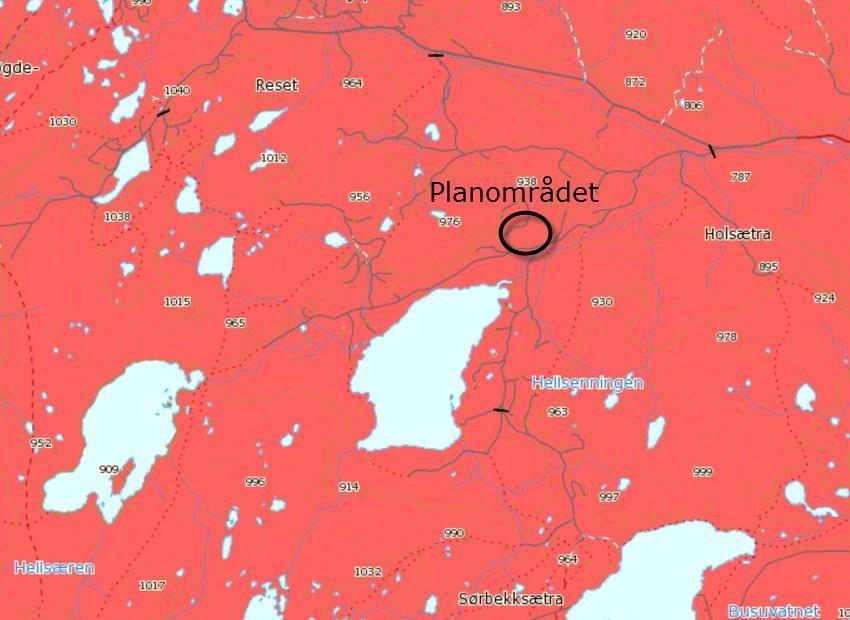 PLANBESKRIVELSE 10 Utklipp fra NGUs kartdatabase. Rødt markerer området med granitt, Granodioritt. Løsmasser: I følge NGUs kartdatabaser for løsmasser ligger planområdet i et område med tykk morene.