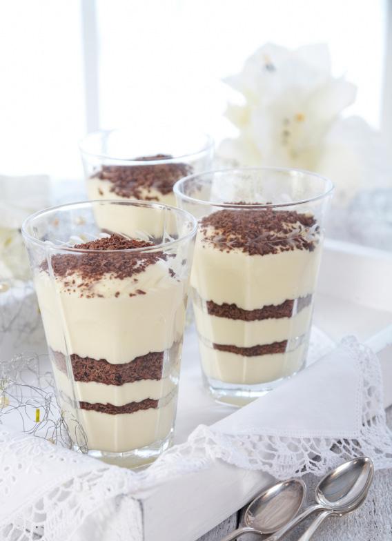 DRONNINGMAUDPUDDING 5 egg 5 dl TINE Kremfløte 150 g sukker 1 vaniljestang 1 dl sherry 5 plater gelatin Litt sitronsaft 150 g sjokolade, raspet Bløt gelatin i kaldt vann.