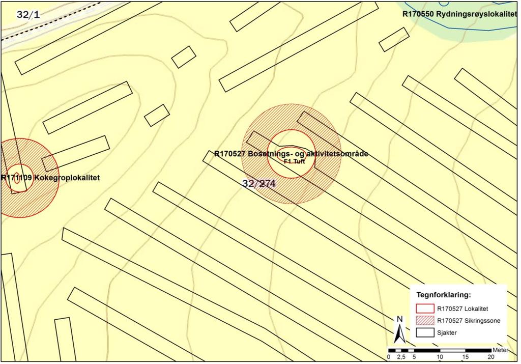 Kart 4: Oversikt over lokaliteten R170527. F1 Tuft, mulig sekundært bygg i gårdsanlegg - økonomibygg Ytre mål 6,0 meter Ø-V x 3,6 meter N-S. Indre mål 4,8 x 1,6 meter.