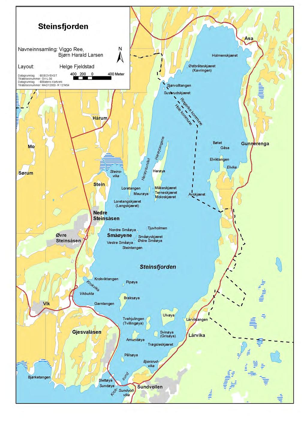 Figur 3. Steinsfjorden med navn på øyer og viker/bukter som er viktige hekkelokaliteter for vannfugl.