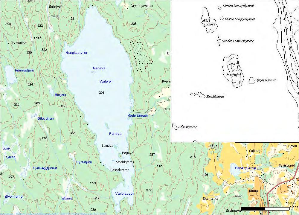 Figur 4. Kart over åsområdet vest for Tyristrand med Væleren og Solbergtjern. Kartgrunnlag hentet fra nettsidene www.