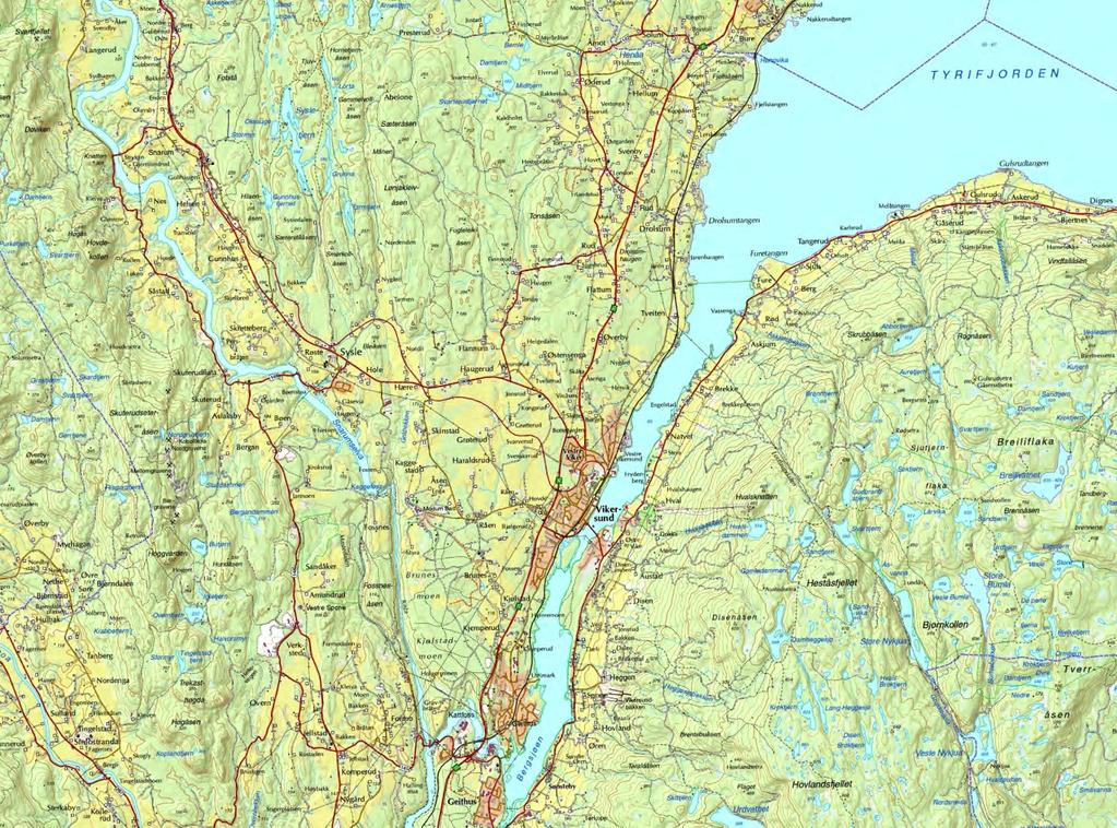 Figur 6. Kart over overvåkingsområdet i sørvestre Tyrifjorden og Bergsjø, fra Vassbonn i sør til Nakkerudholmen og Furetangen i nord. Kartgrunnlag hentet fra www.