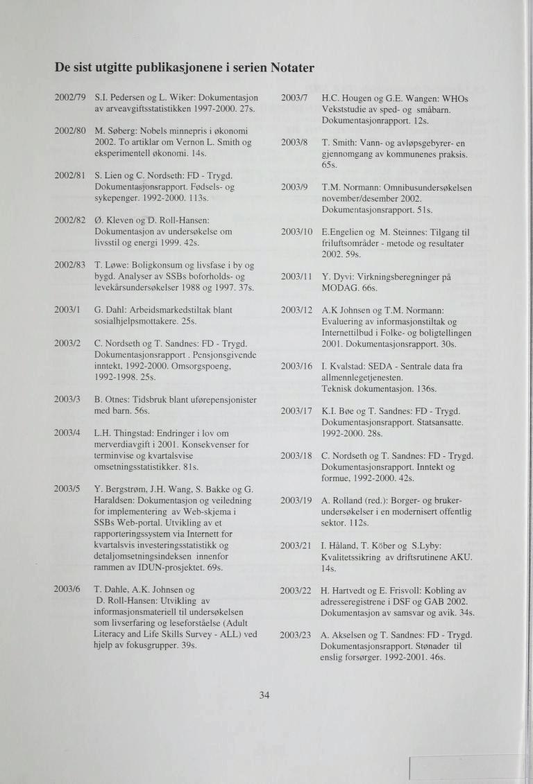 De sist utgitte publikasjonene i serien Notater 2002/79 S.I. Pedersen og L. Wiker: Dokumentasjon av arveavgiftsstatistikken 1997-2000. 275. 2002/80 2002/81 2002/82 2002/83 M.