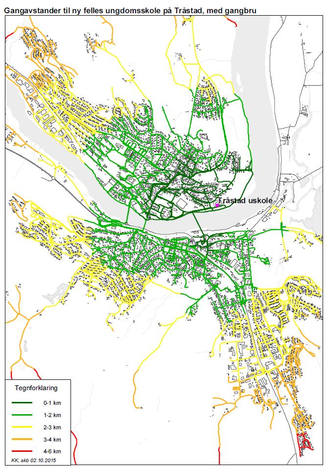 7 Alternativ 2, gangavstander til ny felles ungdomsskole på Tråstad eller Holt, der nye gangbru over Glomma er lagt inn Tråstad Holt Inntil 1 km mellom skole og hjem Inntil 2 km mellom skole og hjem