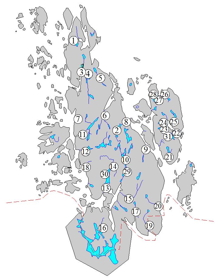 OMRÅDEBESKRIVELSE OG PRØVETAKING Sommeren 212 ble det samlet inn vannprøver fra til sammen 31 vassdragspunkt i Fjell kommune for analyse av tarmbakterier ved to tidspunkt.