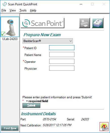 7. I Scan Point velger du instrumentet, kontrollerer at serienummeret samsvarer med instrumentet du skal kalibrere, og klikker på ikonet for kalibreringstank. 8.