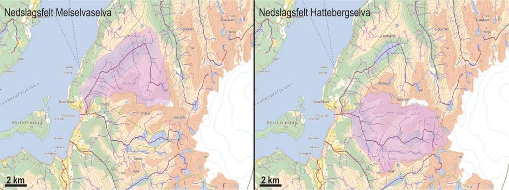 Figur 2: Kartutsnitta viser nedbørsfelta for Melselva og Hattebergselva. Basert på kart frå NVE m.fl. 1.3.