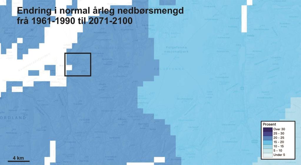 Figur 36: Normal årsnedbørssum i Rosendal vil kunne stige med 20-25 % frå normalen 1961-1990 til 2071-2100.