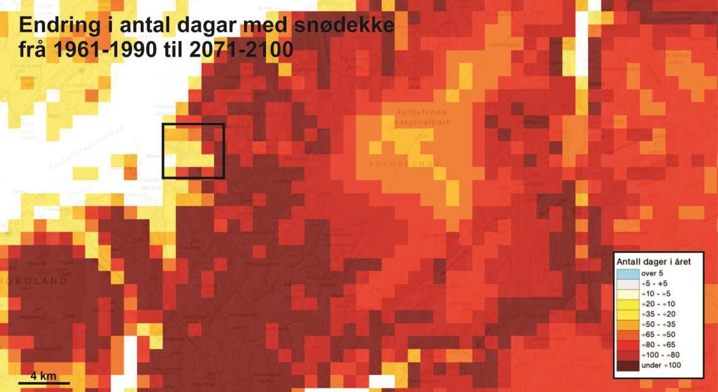 . Figur 43: Det vil i følgje modellen kunne bli 20-35 færre dagar i året med snødekke i Rosendal og over 100