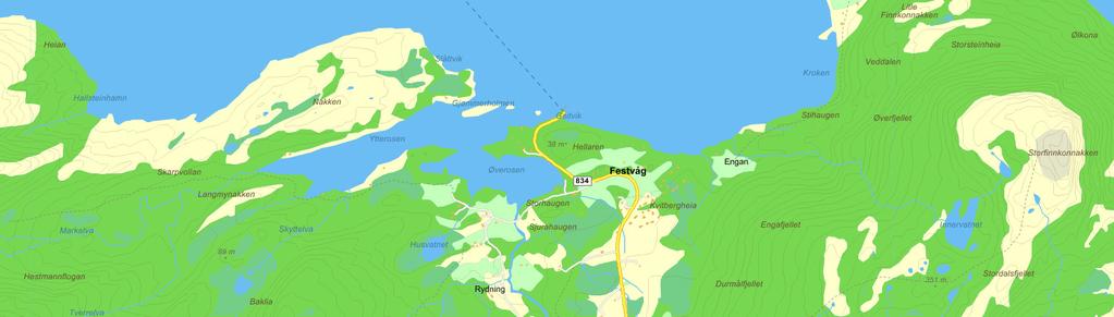Området er eksponert mot Festvåg, som er nærmeste spredt befolkede sted, og ellers mot Geitvik, Gjømmerholmen, Slåttvik og videre ut mot kysten i vest, samt mot den bratte dalsiden i nord og nordvest