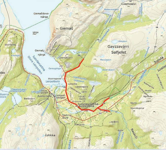 Løype 10A og 13B i Austertana. Traséer som foreslås fjernet er merket med rødt (ca. 7,5 km). Det kommer som erstatning en forbindelse mellom løype 13 og 13B.