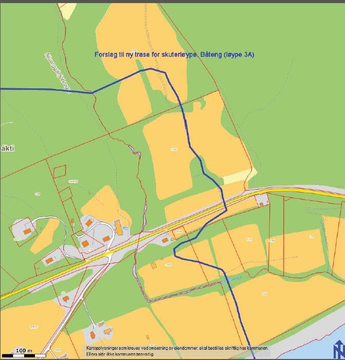 Forslag til ny løypetrasé ved Båteng som er utredet, men hvor det mangler grunneiertillatelse.