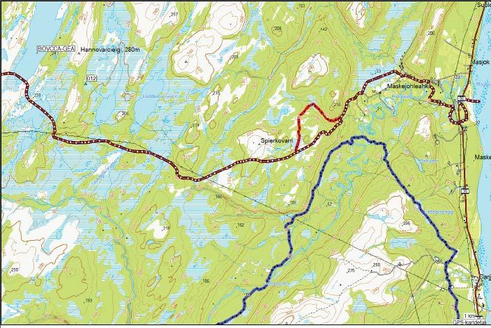 Forslag til ny trasé ved Masjok (merket med rødt). Det er innhentet informasjon fra nordatlas og naturbase vedrørende omleggingen, jf.naturmangfoldsloven 8.