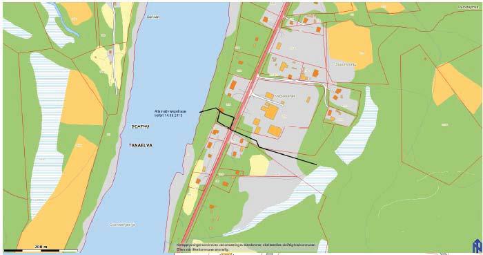 Forslag til trasé mellom hovedveien og boligfeltet i Skiippagurra er gitt i kartet nedenfor. Av hensyn til reindriften er det ikke aktuelt å legge løypen lenger fra bygda enn det som foreslås.