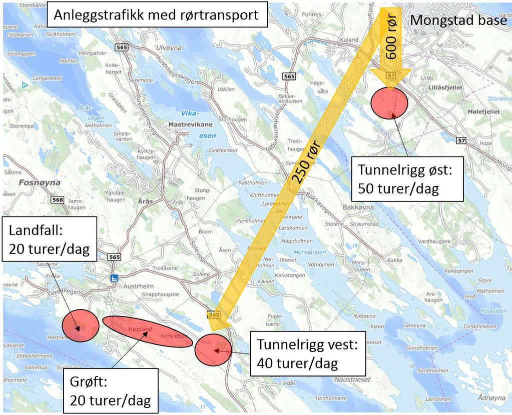 3.3 Transport av rør på offentlig veg Rørene kommer sjøveien inn til Mongstad base. Det er totalt 850 rør som skal sveises sammen.