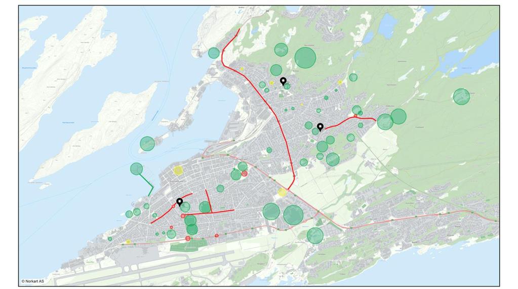 Oppfølging Bruk i Grønnstrukturplanen Figur 11: Registreringene oppsummert til bruk i grønnstrukturplanen Veldig mange områder i sentrum og Rønvik blir registrert som positive, viktige eller områder