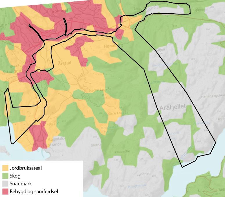 Planområdet omfatter deler av Hauge sentrum og LNF-områder, og består i dag av en kombinasjon av bebygd og samferdselsareal, jordbruksareal, skog og snaumark. Figur 2.4: Arealfordelingskart 2.