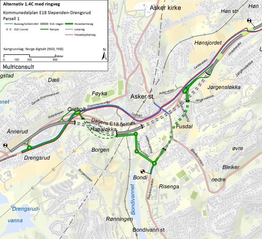 Parsell 1: E18 Drengsrud-Høn Alternativ 1.