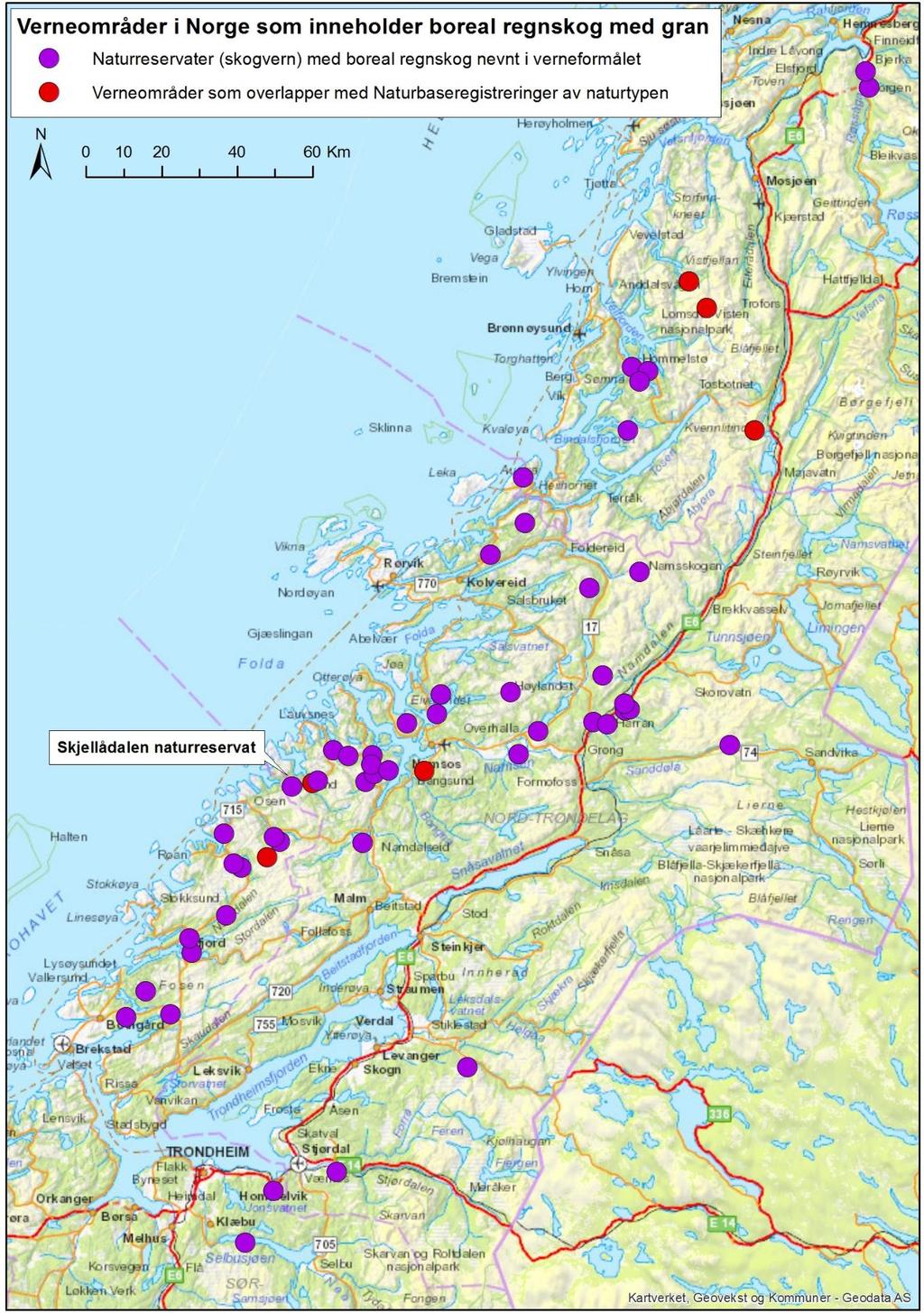 Figur 8. Kartet viser verneområder med boreal regnskog av gran.