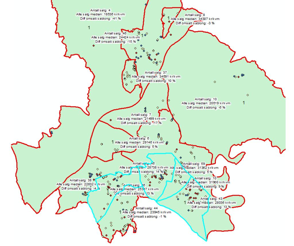 Figur 2. Omsetninger fordelt på grunnkretser delte boliger Figuren over viser alle salg av delte boliger i perioden 2012 2014 fordelt på grunnkretser. I hver grunnkrets er medianprisen også beregnet.