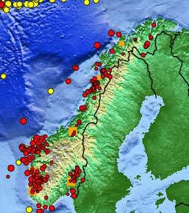 Det er tydeleg at dei mest aktive jordskjelvområda ligg på Vestlandet og i Nordsjøen. Jordskjelv frå 1979 til i dag. Raude prikkar syner jordskjelv merkbar for menneskje.