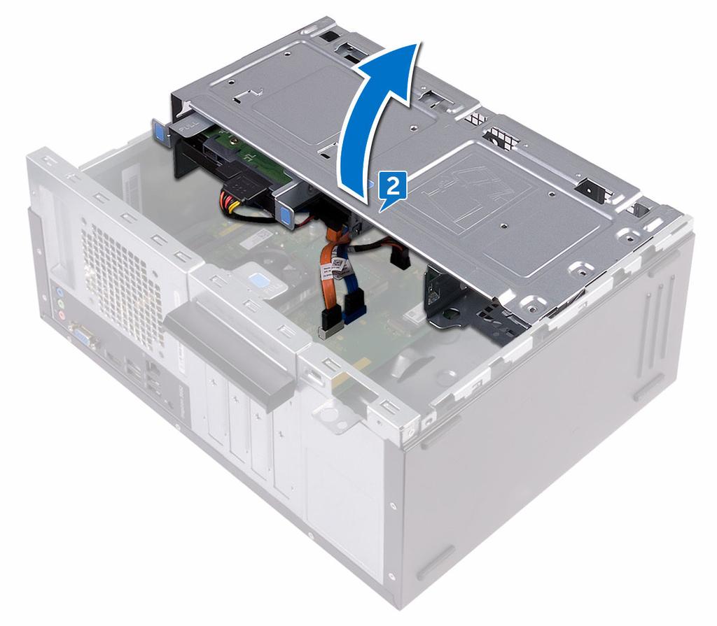 Prerequisites 1 Remove the computer cover. 2 Remove the front bezel. Procedure 1 Place the computer with the side-chassis facing up. 2 Lift and rotate the side-chassis away from the computer.