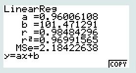 01 110.16 3 Klassisk regresjon: 1. Bruk STAT i hovedmenyen. 2. Fyll data X og Y. 3. F2 (Calc) 4. F3 (Reg) 5. F1 (X) 6. F2 (Velg a+xb) (OS.