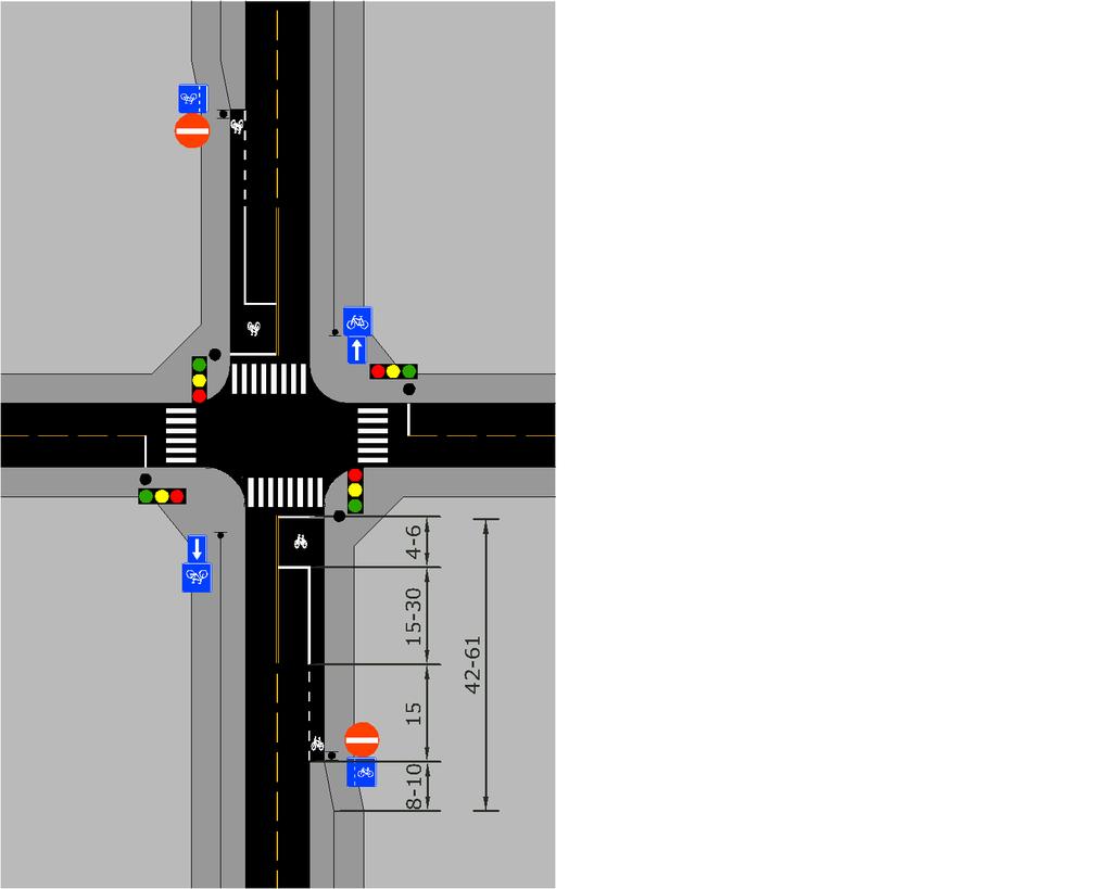 Envegsregulert sykkelveg Vegutforming Vikepliktsforhold må avklares og kryss trafikkreguleres Kryss: sykkelveg rampes ned til kjørebanenivå (sykkelfelt gjennom krysset) Avkjørsel: